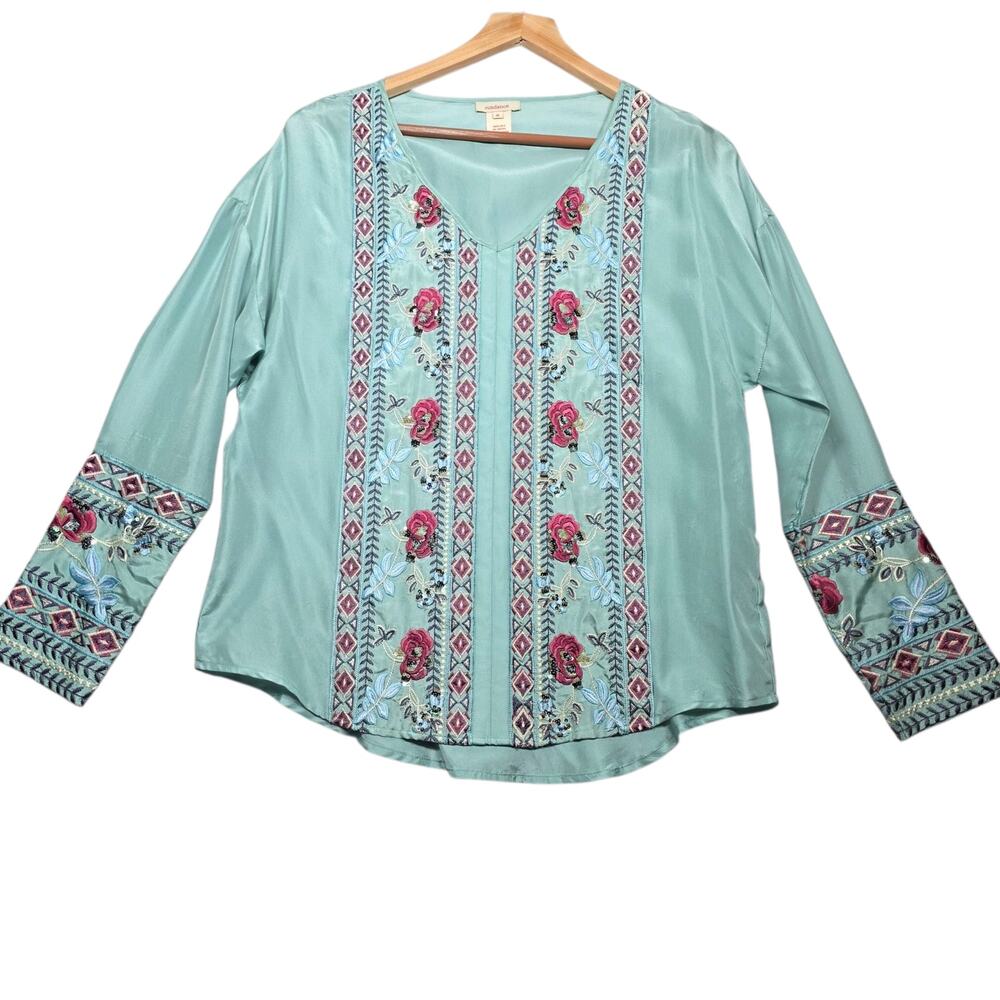 Sundance Embroidered Floral Silk Vneck Tunic Top Size Small
